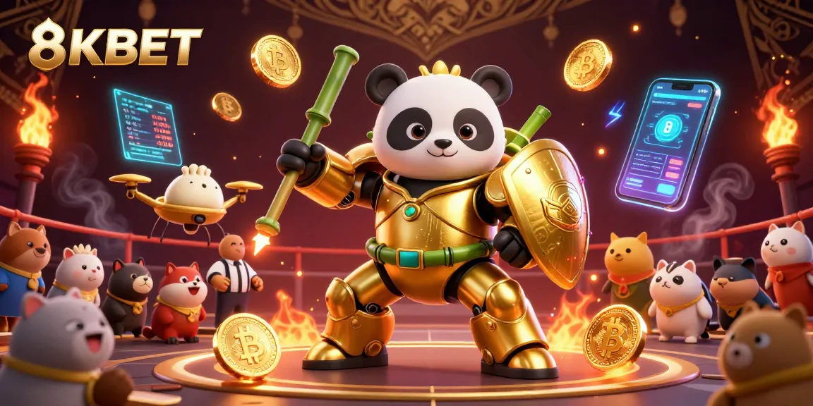Engage with 8KBET's vibrant scene showcasing a golden panda in a mech-suit amidst crypto coins and gaming elements.