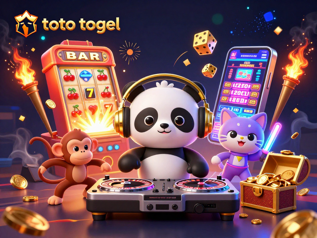 Engage in thrilling toto togel action with a vibrant scene featuring a DJ panda, dancing monkey, and kitten in an energetic casino environment.