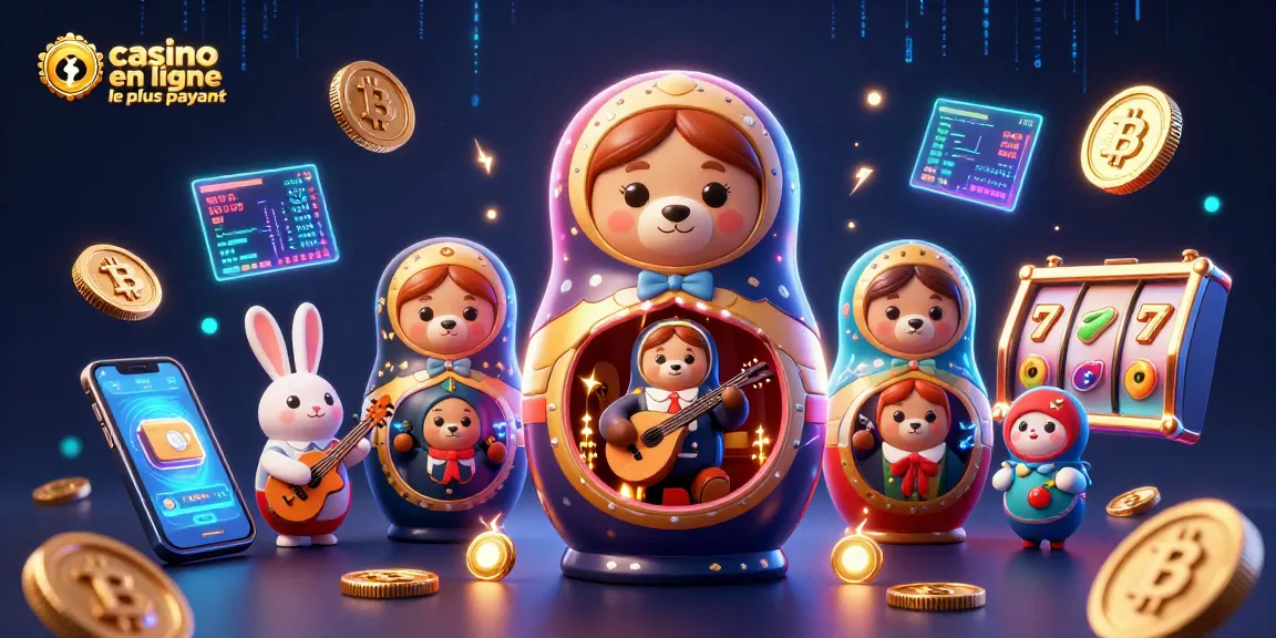 Illustration dynamique de casino en ligne le plus payant avec des ours Matryoshka et des éléments de jeu.