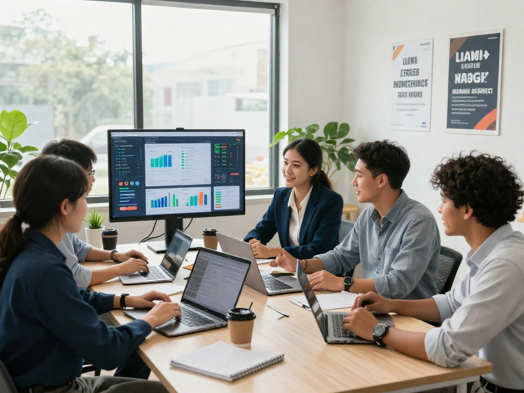 AI receptionist for small business in a collaborative office environment, showcasing teamwork and innovation.