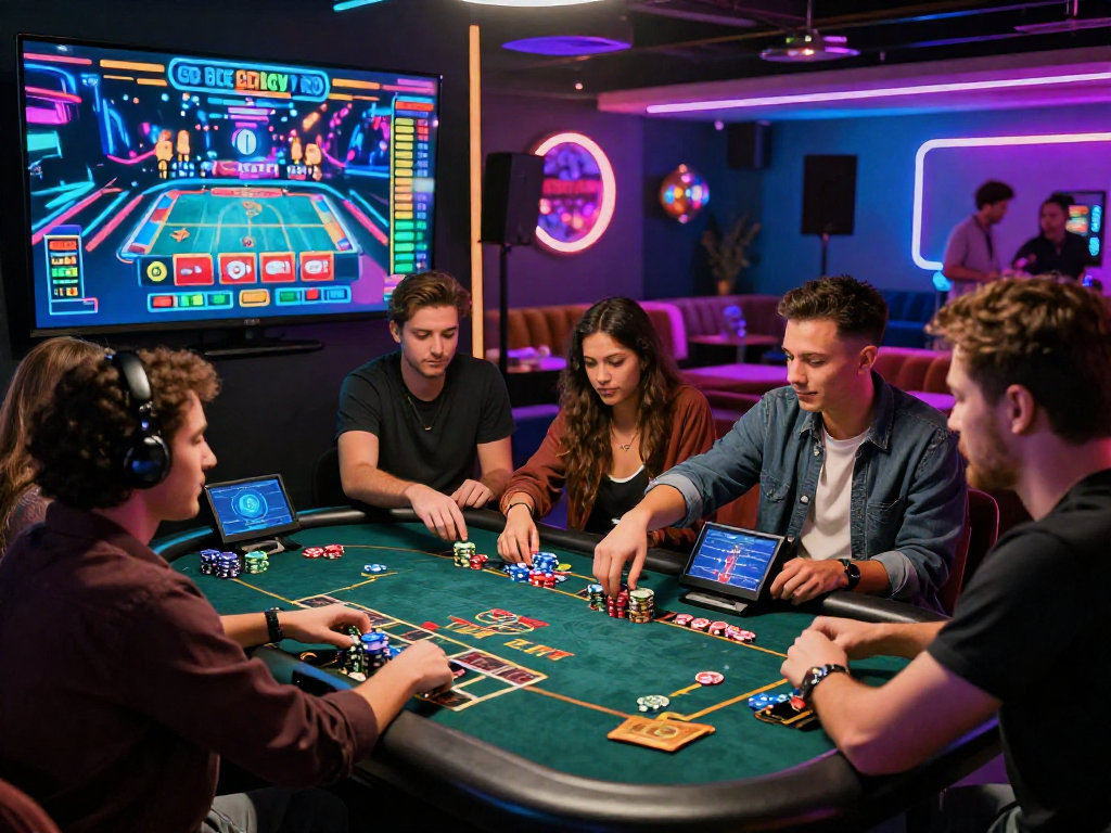 Friends enjoying a live dealer game at a crypto casino with digital chips, vibrant atmosphere, and modern gaming technology