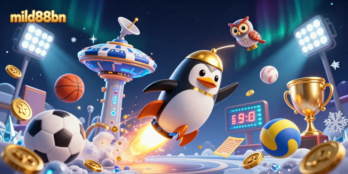 Experience excitement with mild88bn as a golden penguin rockets through casino space with sports elements.