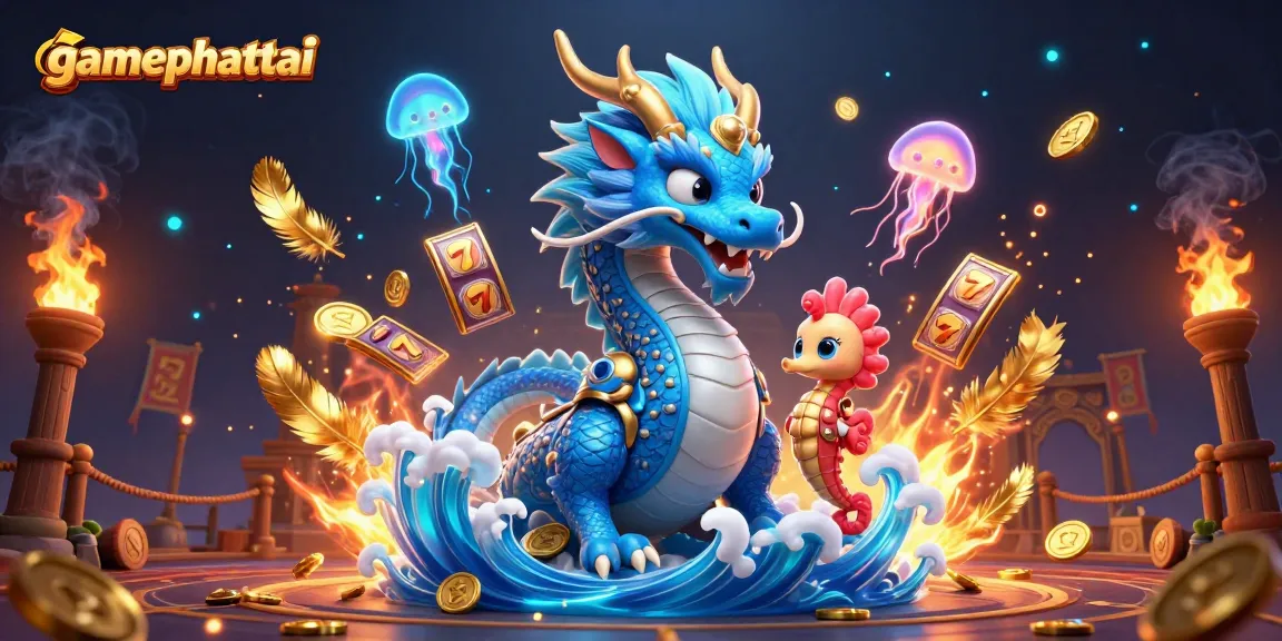 Spin to win with gamephattai! A dazzling scene featuring a majestic water dragon and vibrant casino elements.