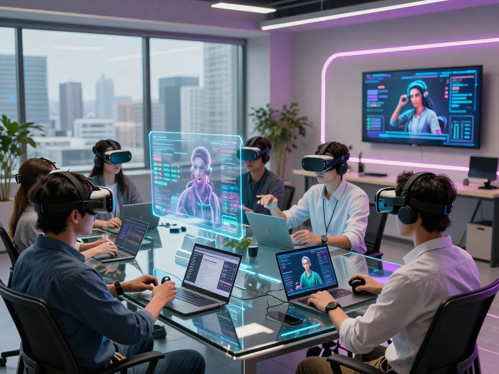 AI roleplay simulation in a modern digital workspace with immersive VR elements and collaborative interaction