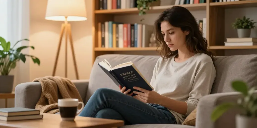 Person immersed in a novel, showcasing the phrase "I loved this" in a cozy living room.