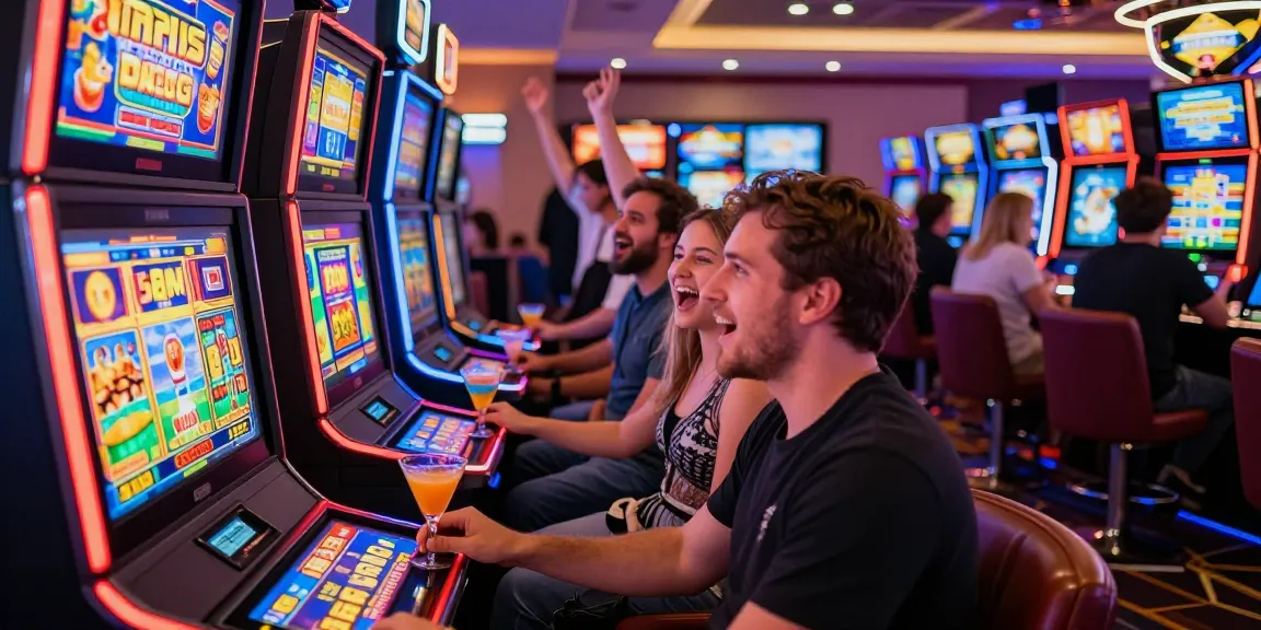 Excited players engaging withเกมสล็อต at vibrant casino, bright neon lights and dynamic gaming atmosphere.