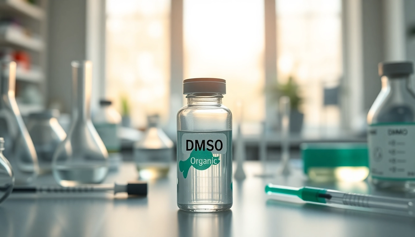 Showcasing dmso organic in a laboratory setting with scientific equipment and calming colors.