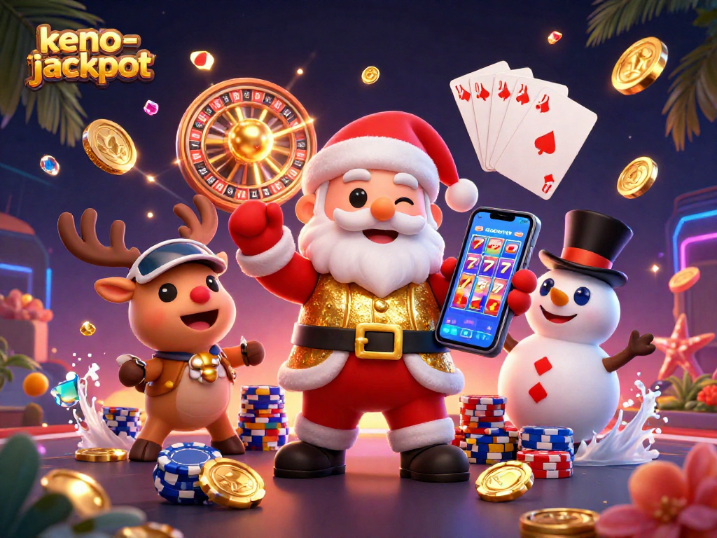 Win exciting prizes with keno-jackpot in a vibrant casino-themed illustration featuring Santa's festive team.