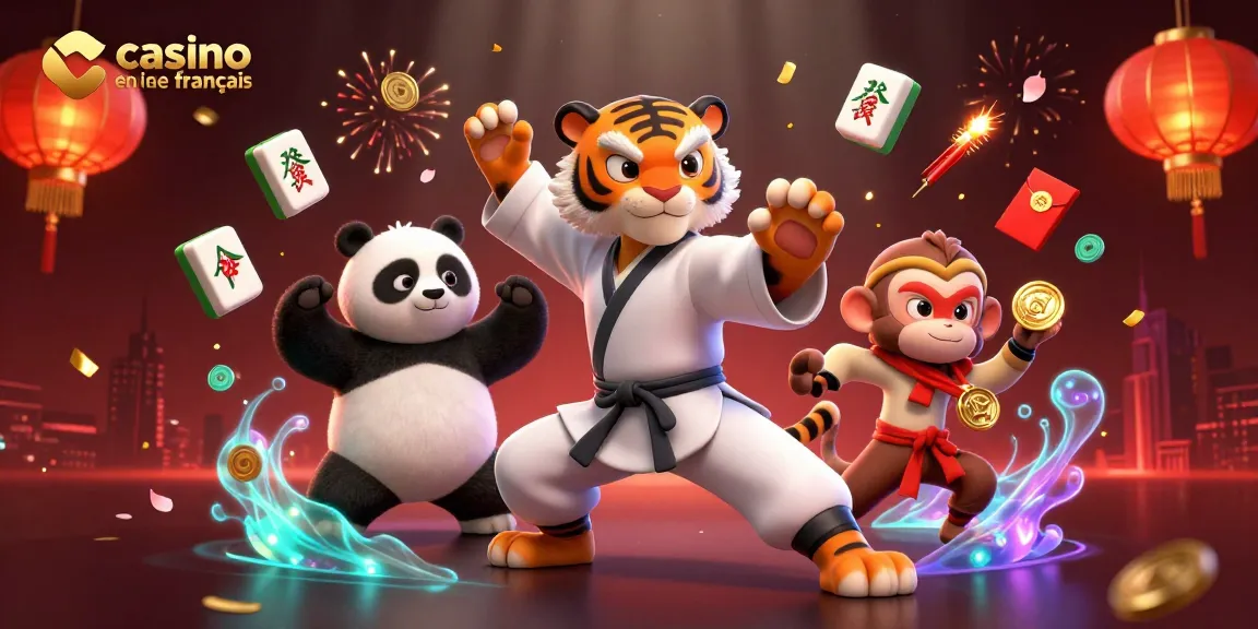 Illustration 3D représentant un maître du kung-fu panda dans un casino en ligne français entouré de jeux de hasard colorés