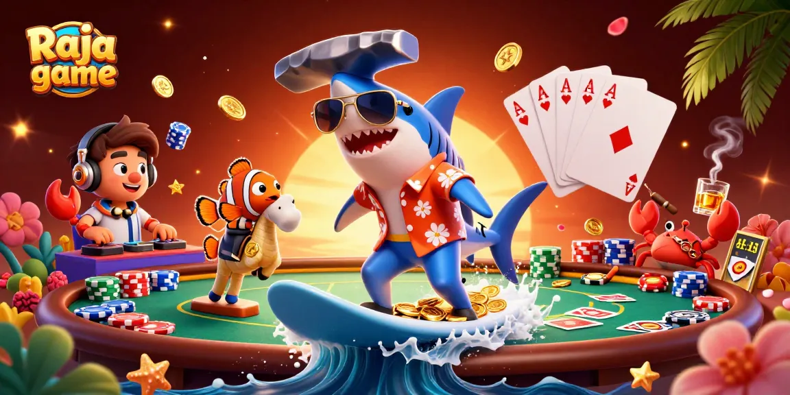 Engage with the excitement of Raja game featuring vibrant gold coins, a surfing shark, and playful characters in a casino scene.