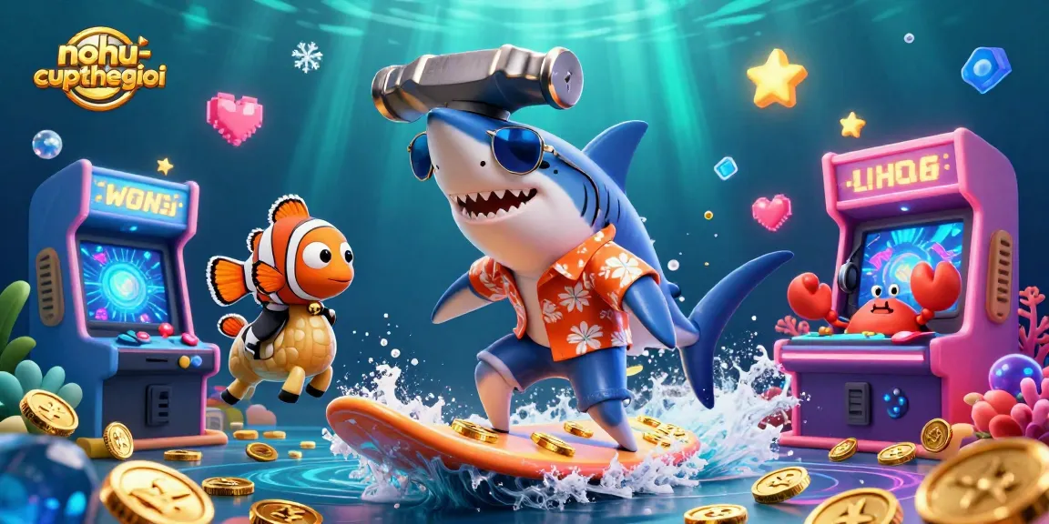 Join the excitement with nohu-cupthegioi as the hammerhead shark surfs gold coins in a lively casino scene.