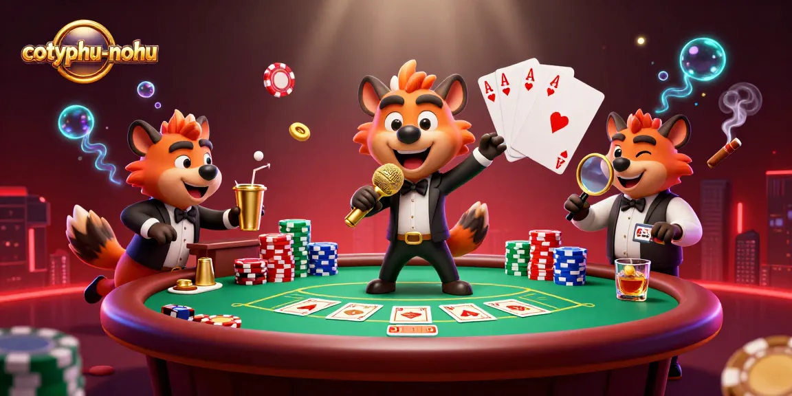 Experience fun at cotyphu-nohu with hyenas in a vibrant casino scene featuring poker tables and drinks.