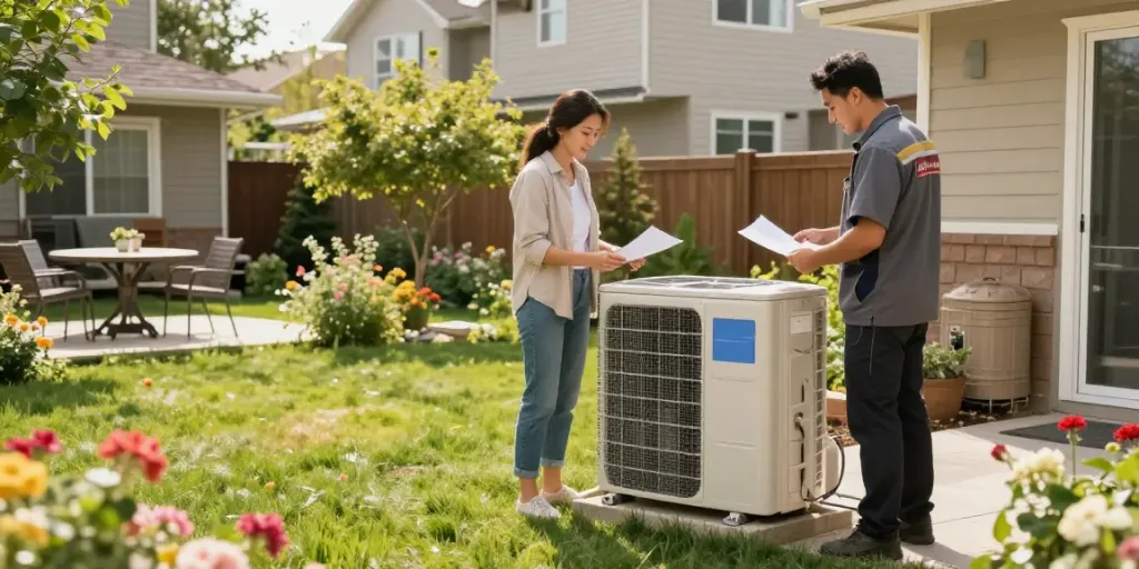 Air Conditioner Install Calgary with technician and homeowner in sunny garden.