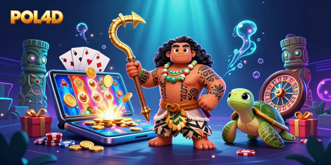 Permainan slot POL4D menampilkan dewa Maui dan penyu Moana dalam ilustrasi kasino yang kaya