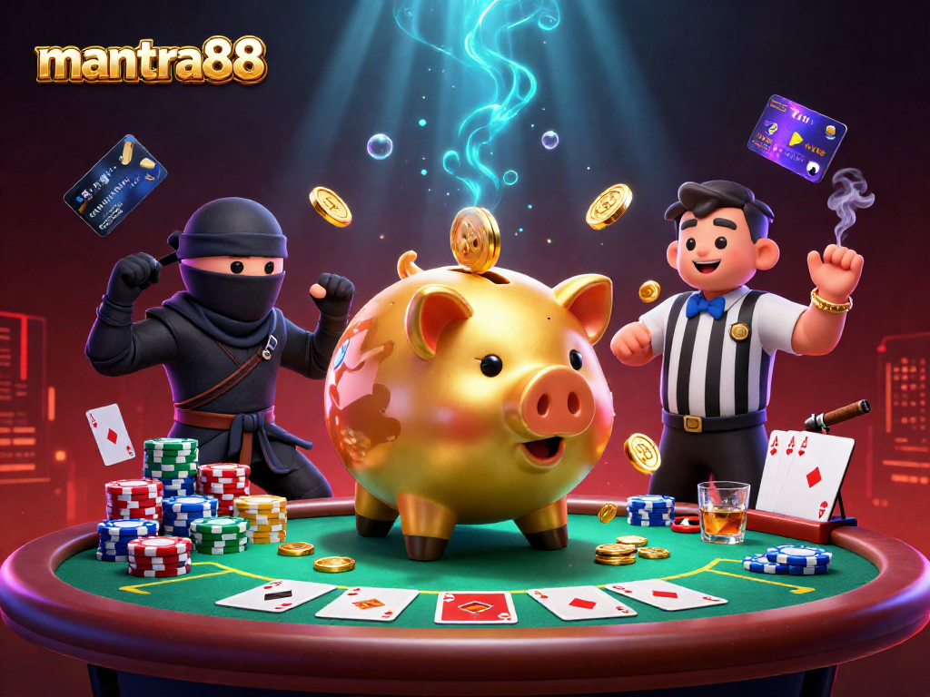 Experience thrilling gameplay with mantra88 featuring an enormous golden piggy bank sumo wrestler in a vibrant casino scene.