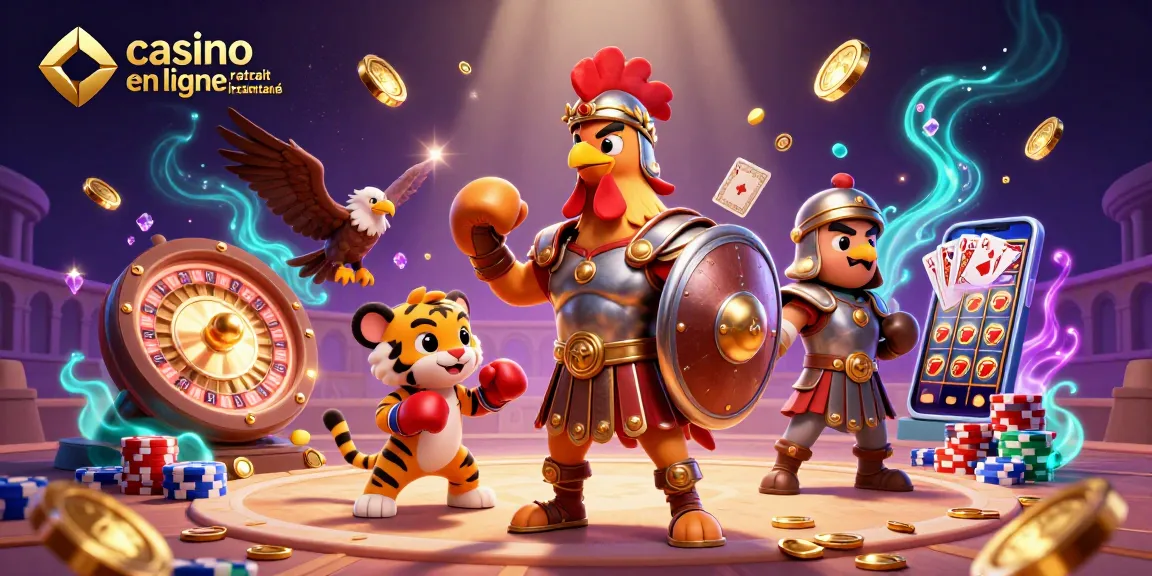 Visuel captivant illustrant la thématique casino en ligne retrait instantané avec un coq et des éléments de jeu.