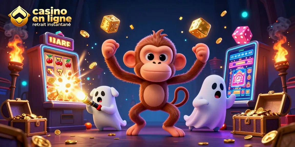 Le casino en ligne retrait instantané explore un univers festif avec un singe malicieux jonglant des pièces et des dés tandis qu'un chiot curieux le recherche.