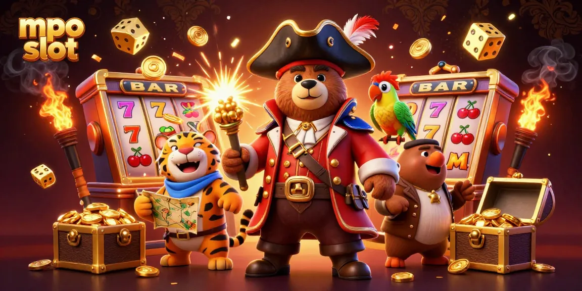 Spin the mpo slot alongside a pirate bear, a tiger, and a parrot in a vibrant casino scene.