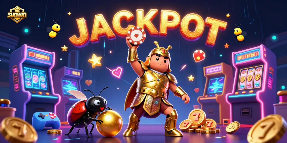 Sunwin casino illustration of a hercules beetle celebrating a jackpot with vibrant gaming elements.