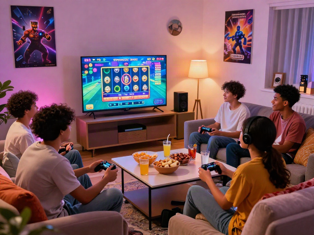 Friends enjoying online agen slot games during a lively gaming night at home.