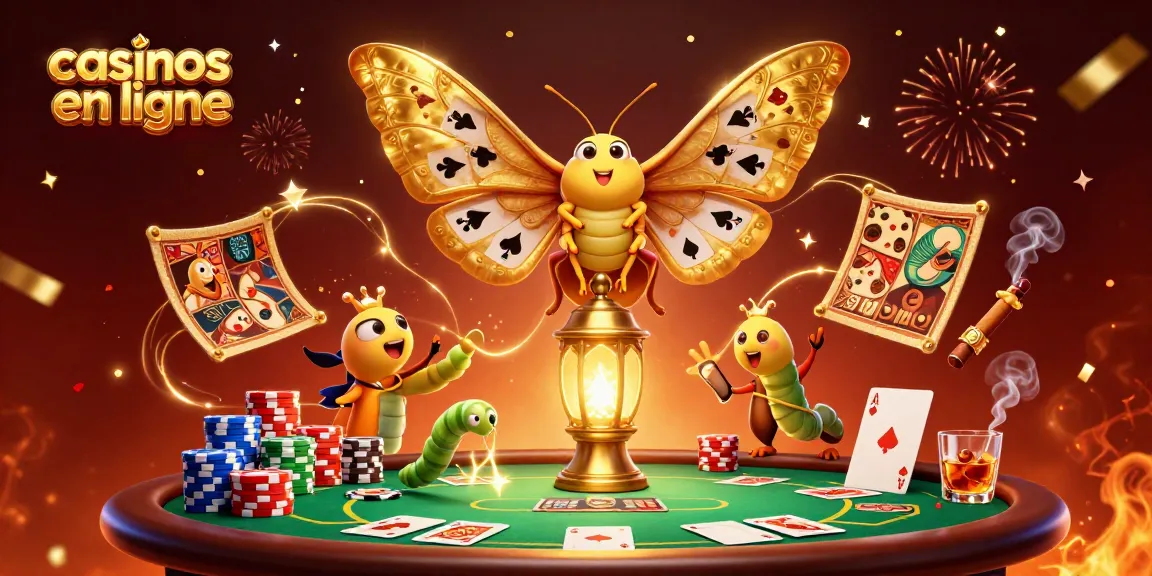Profitez des casinos en ligne avec un papillon 3D majestueux et des éléments de jeux de casino fascinants.