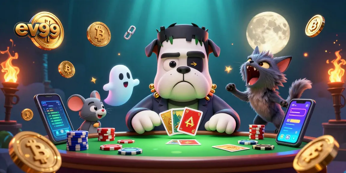 Play with ev99 featuring a cartoon bulldog dealer, cards at a haunted table, and ghostly atmosphere.