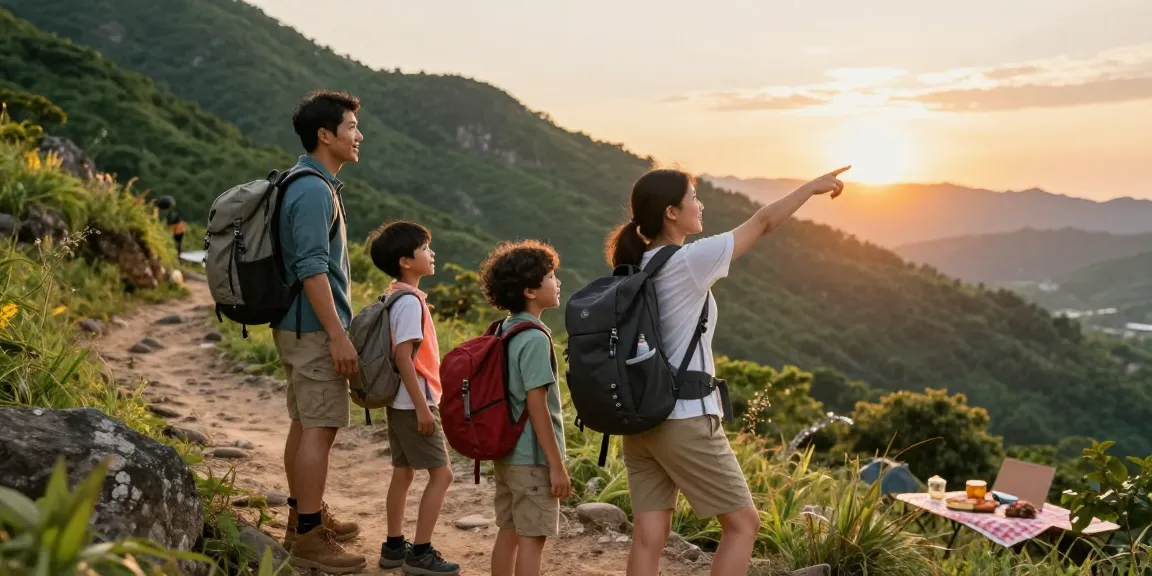 A family enjoying an outdoor adventure on thatmountainlife.com, hiking together on a scenic trail with vibrant mountain views.