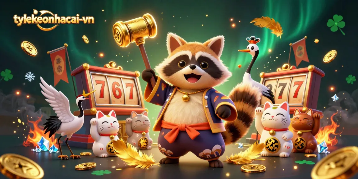Engaging slots scene featuring a cheerful tanuki and fortune cats at tylekeonhacai-vn casino.