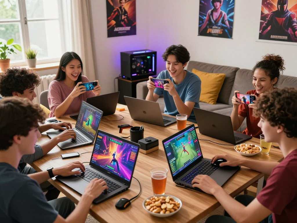 Excited gamers playing sex games on devices in a lively living room.