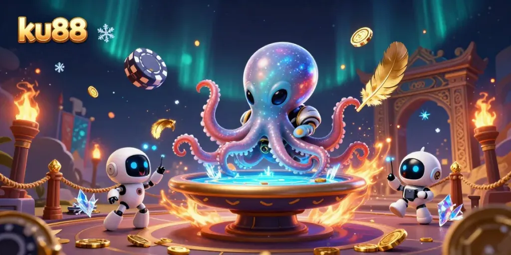 Engage in thrilling poker action with ku88's vibrant 3D casino illustration showcasing an alien octopus and its robot companion.
