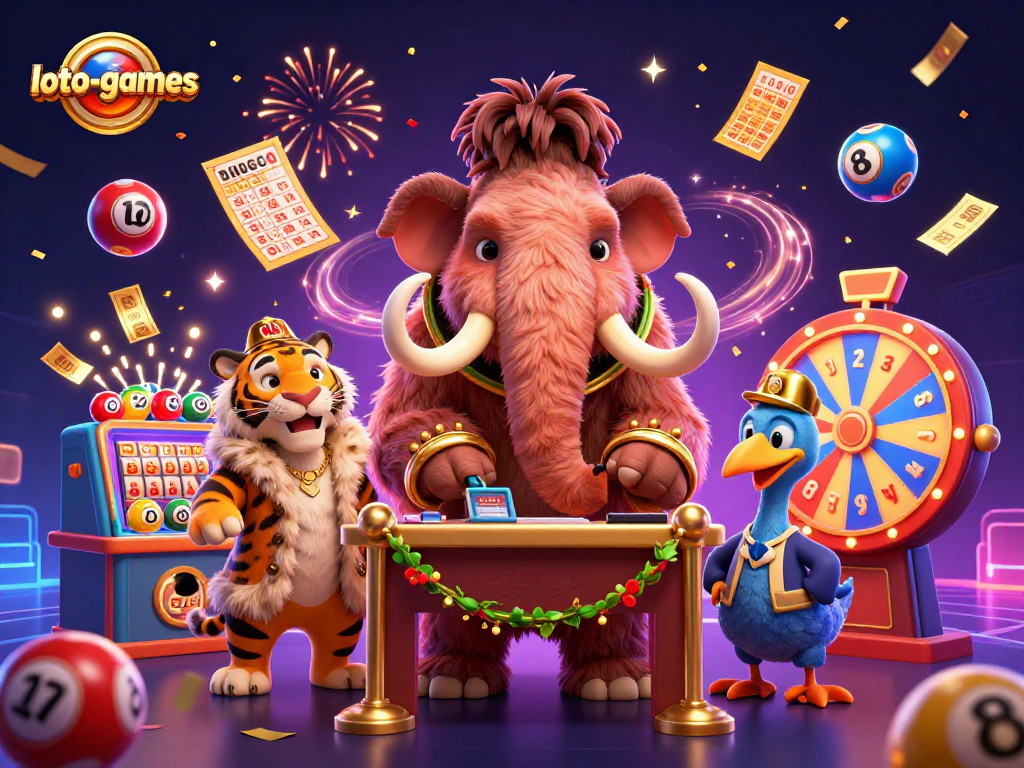 loto-games features a vibrant scene with a mammoth bouncer, tiger VIP, and a dodo doorman welcoming players.