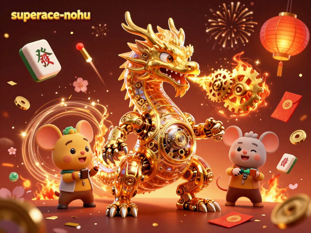 Engage with superace-nohu's thrilling gameplay featuring a golden dragon, festive elements, and dynamic action.