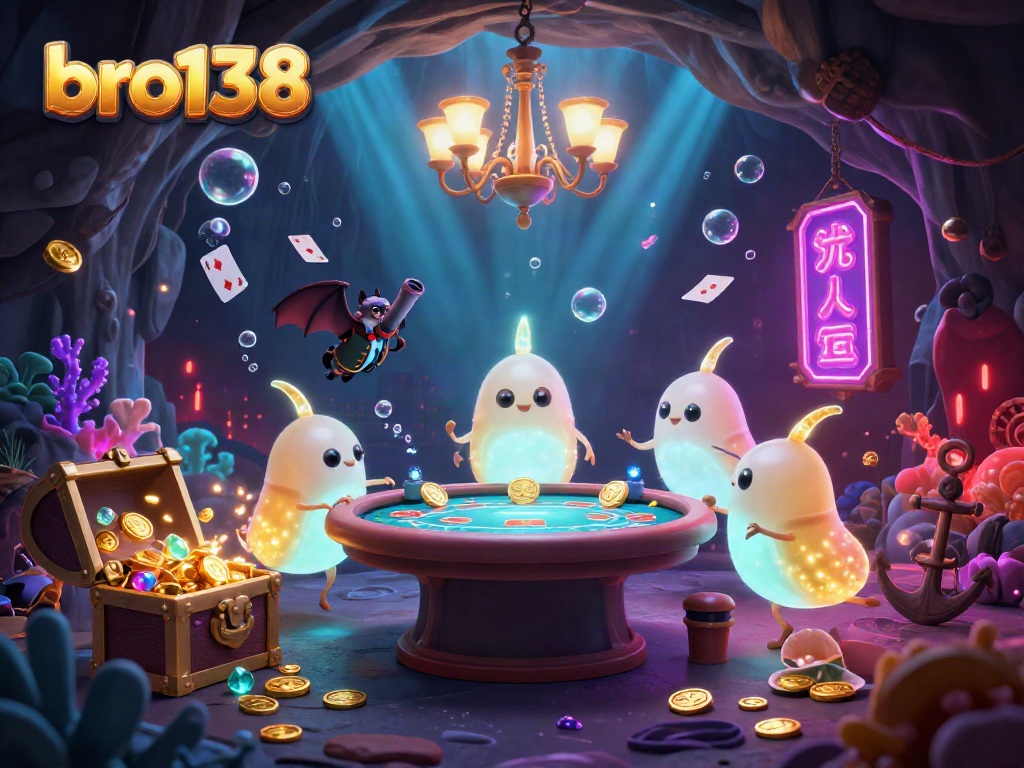 Join bro138 in a vibrant casino scene where glowworms light up a poker table, symbolizing fun and winnings.