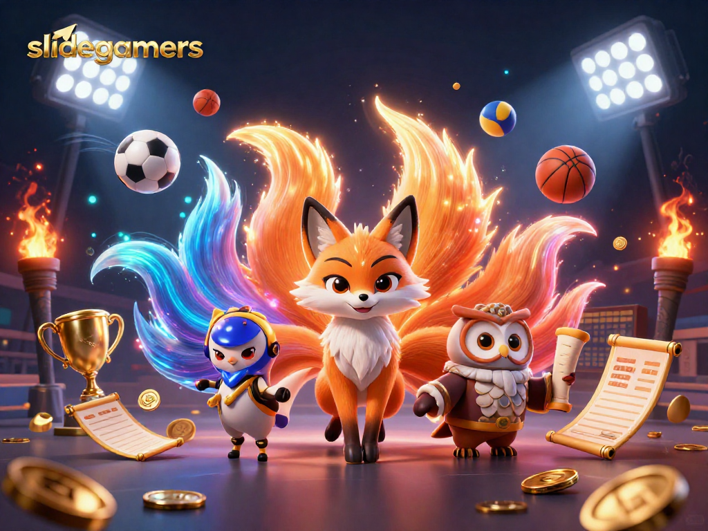 Engage with slidegamers as a vibrant nine-tailed fox spirit and owl sage celebrate dynamic sports betting.
